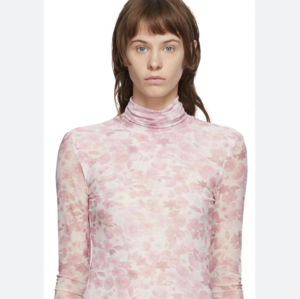 GANNI Printed Pink Floral Mesh Long Sleeve Rollneck